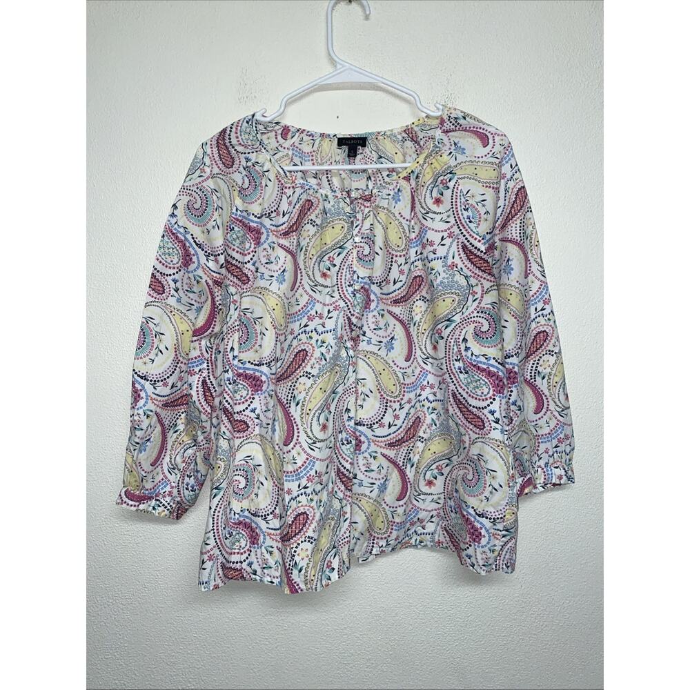 Talbots Women Sz L Long Sleeve Blouse White/Colorful Paisley Print 100% Cotton